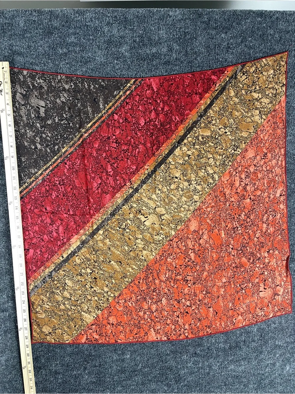 Dior Red Marble-Print Velvet Scarf with Burgundy Trim